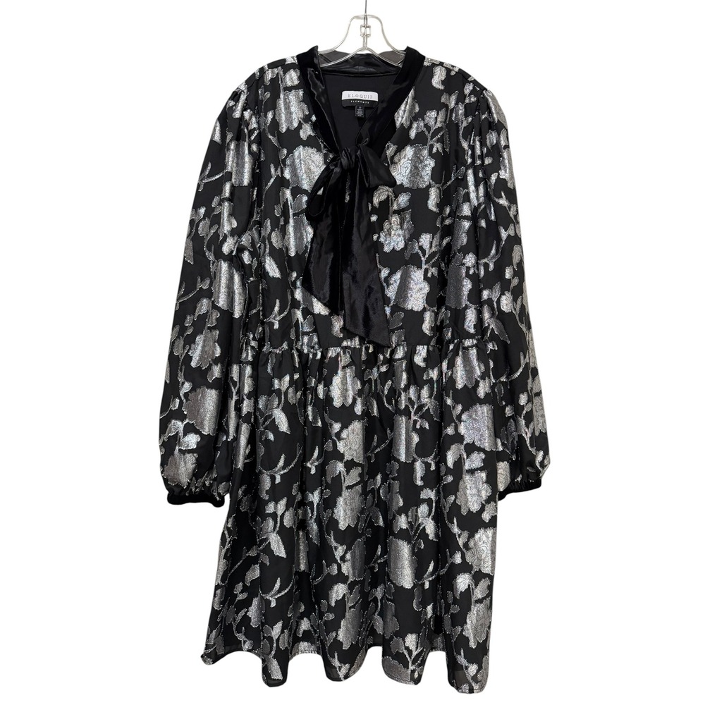 Eloquii Elements Silver Black Metallic Floral Jacquard Velvet Tie Neck Dress 22